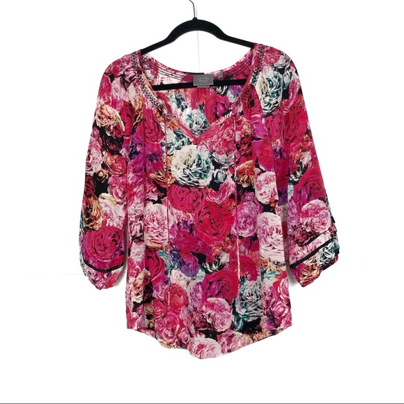 Anthropologie Tops - VANESSA VIRGINIA Anthropologie Pink Technicolor Rose Print Silk Peasant Top XS